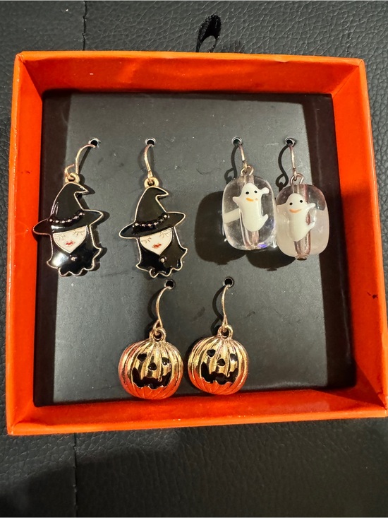 Jewelry - Halloween Earring Set - Black Witch, White Ghost & Gold Pumpkin Earrings